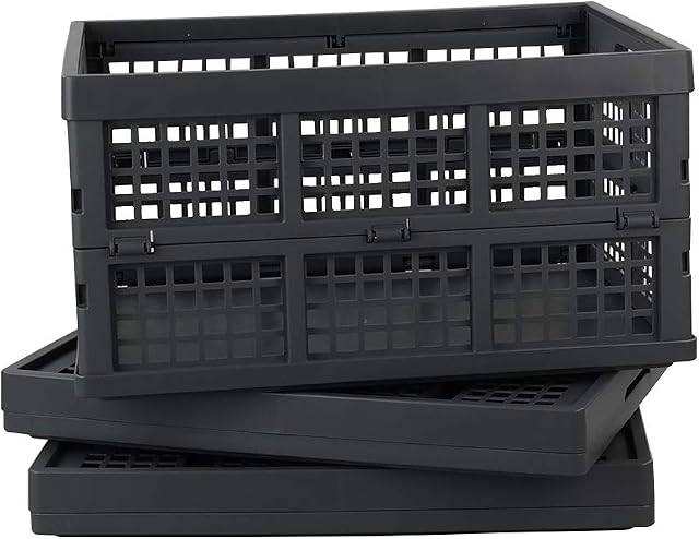 Eudokky Grey Foldable Crate, Plastic Folding Basket, Pack of 3 Collapsible Crate