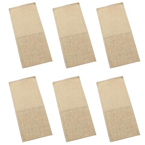 Pro Bamboo Kitchen 6PCS Sisal Utensil Holder Bag Rectangular Table Top Decorative Fabric Vintage Jute Table Runner with Pocket Spoon Fork Cooking Tool Utensil Storage Eco-Friendly Farmhouse Bag
