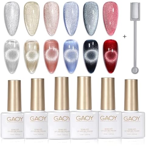 GAOY Holographic Glitter Cat Eye Gel Polish Set of 6 Colors with Free Magnet UV LED Soak Off Nail Polish Home DIY Manicure Nail Salon Varnish Cover