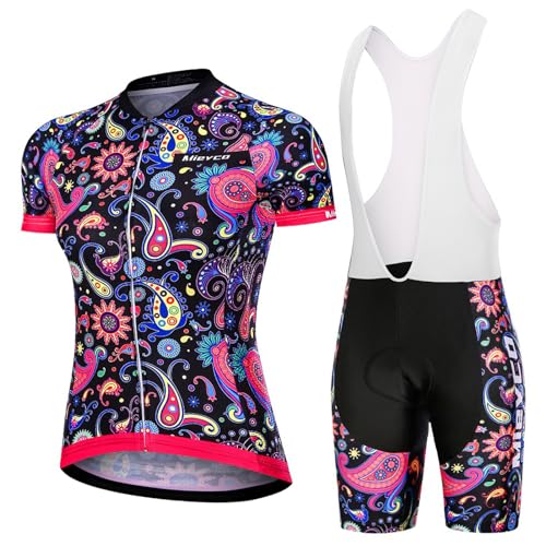 Conjunto Ciclismo Mujer Verano Ropa Bici MTB Manga Corta Maillot Ciclista,Traje Bicicleta Camiseta Ciclo y Culotte Tirantes con 19D Gel Acolchado,Completa Jerseys Transpirable Secado Ráido(5,M)