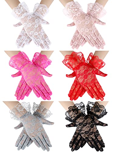 Geyoga 6 Pairs Tea Party Lace Gloves for Little Girls Kids Lace Short Princess Gloves Halloween Novelty Accessories for Party