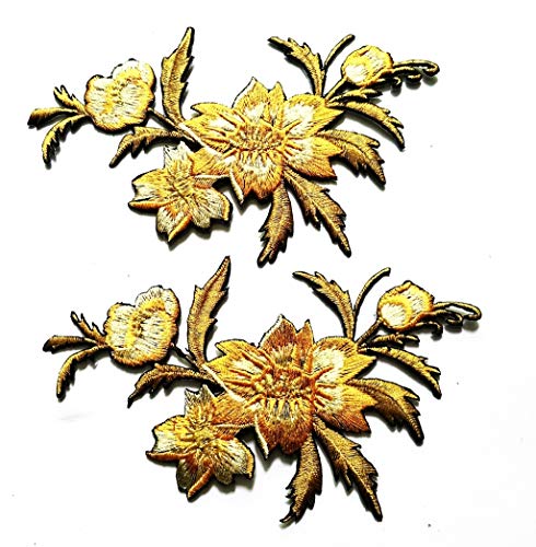 Gold Flowers Pair Floral Bouquet Boho Embroidered Appliques Iron-on Patches for Bags Jackets Jeans Clothes or Gift (Gold Flowers)