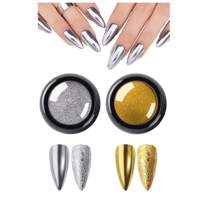 Bluedeal 2Pcs Nail Art Chrome Powder Set Gold & Silver – Mirror Metallic Effect Nail Glitter Pigments for Gel Nails, Long-Lasting Salon Manicure Chrome Powder for DIY Nail Art Decorations-image-20