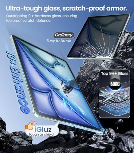 Image of iGluz 2 Pack Screen Protector for iPad Air 13-in M4 /M3 /M2 2026 /2025 /2024 9H+ Tempered Glass Screen Protector with Easy-Install Box,Bubble Free,[12FT Military Grade Shatterproof] HD Clarity