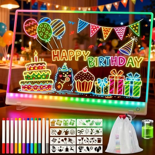 Rechargeable Led Drawing Board with 12 Markers, 16.5IN Led Message Board - 8 Drawing Stencils & Storeage Bag & Silicone Case, Light Up Acrylic Dry Erase Lumi Board with Colors for office & home