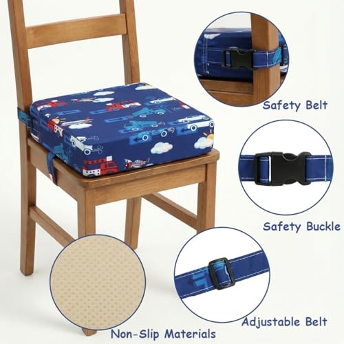 Image of Toddler Booster Seat for Kitchen Chair & Dining Table - Blue | Firm Support Kids Booster Seat for Dining Table with Non-Slip Bottom and Adjustable Straps, Portable Washable Booster Cushion