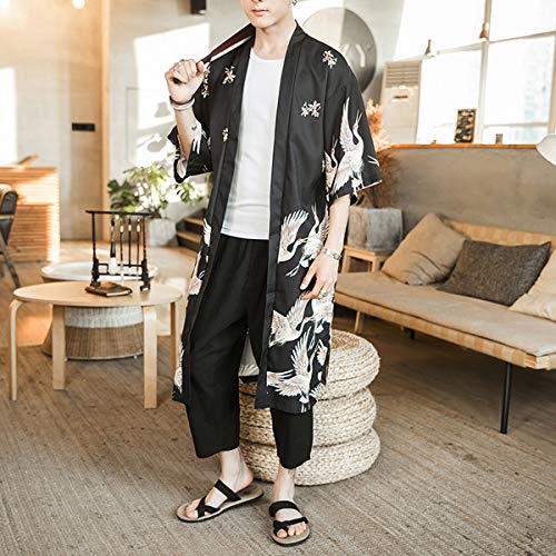 Seidarise Men's Demon Slayer Haori, Long Kimono Cardigan Jacket Japanese Style Flying Crane Seven Sleeves Open Front Coat2