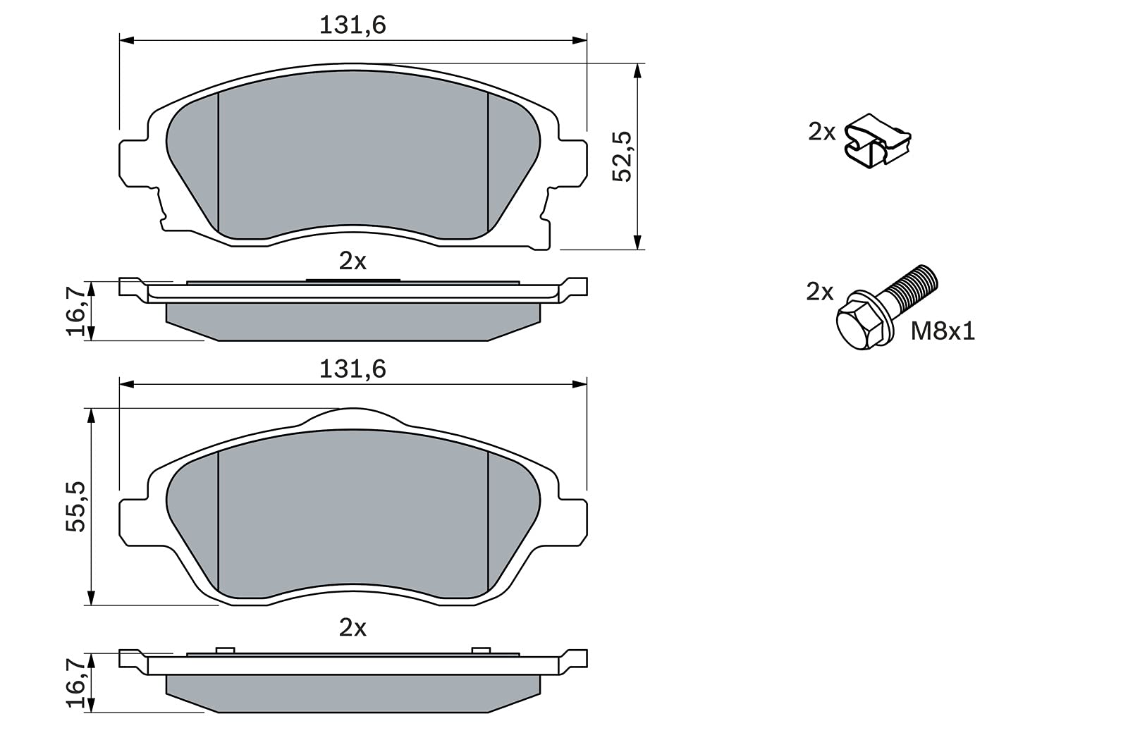 Bosch BP281 - Pastiglie Freni Auto, Delantero - Calidad Bosch - Reducción de Ruido y Polvo - Certificación ECE-R90 - Sin Cobre - 1 Juego de 4 Pastillas - Con Accesorios | Bosch Calidad: reducción de ruido y polvo, certificado ECE-R90, sin cobre