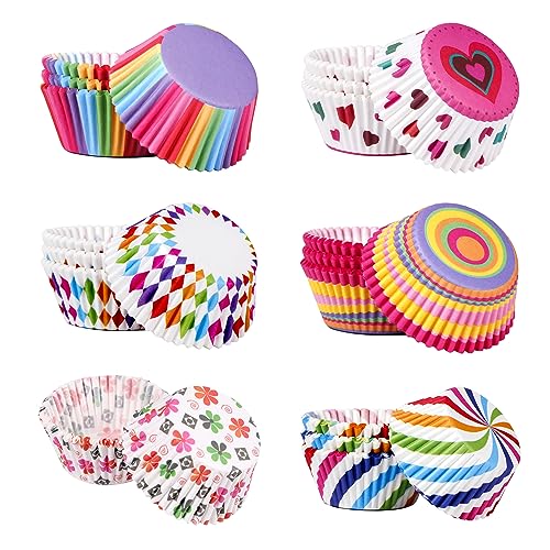 JurciCat 600 Piezas Moldes de Papel para Magdalenas y Cupcakes - 6 Tipos de Patrones Combinados - Mini Tazas para Hornear Muffins - para Fiestas de Cumpleaños, Bodas y Postres