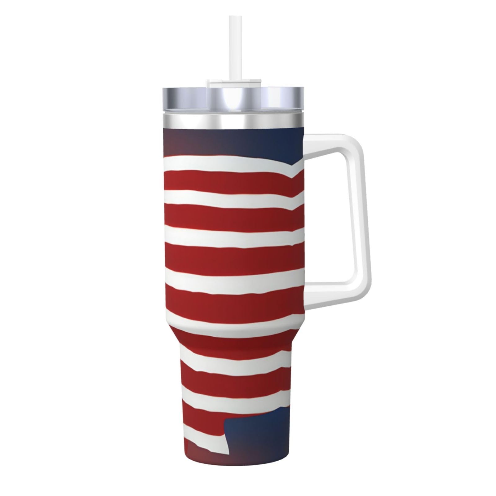 Trinkflasche mit amerikanischer Flagge, Baseball, Edelstahl, doppelwandig, isoliert, mit Griff und Strohhalm-Deckel, 1,2 l