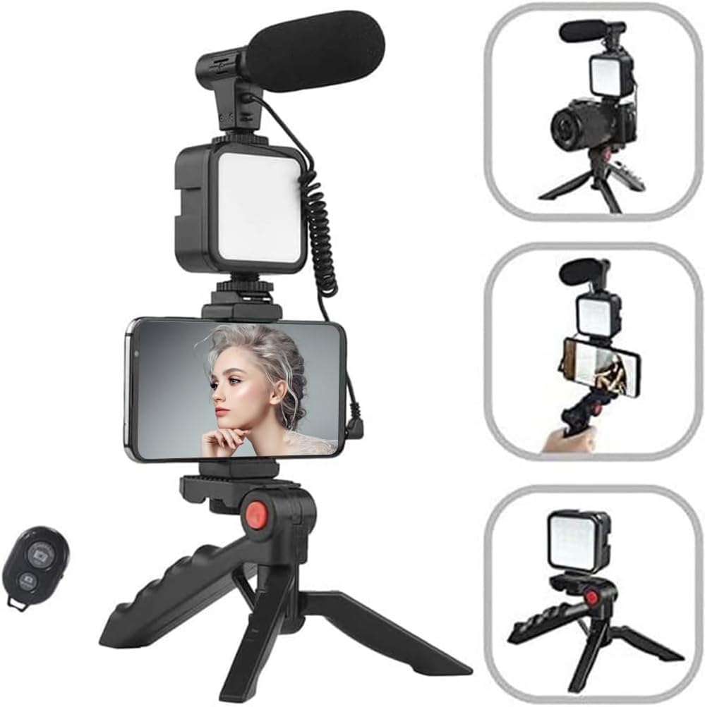 Mobilphone Smartphone vidéo Vlog Microphone, lumière LED, support téléphone, trépied, compatible iPhone, Android, pour Tiktok, Youtube, prise de vue, Vlogging, Live Streaming
