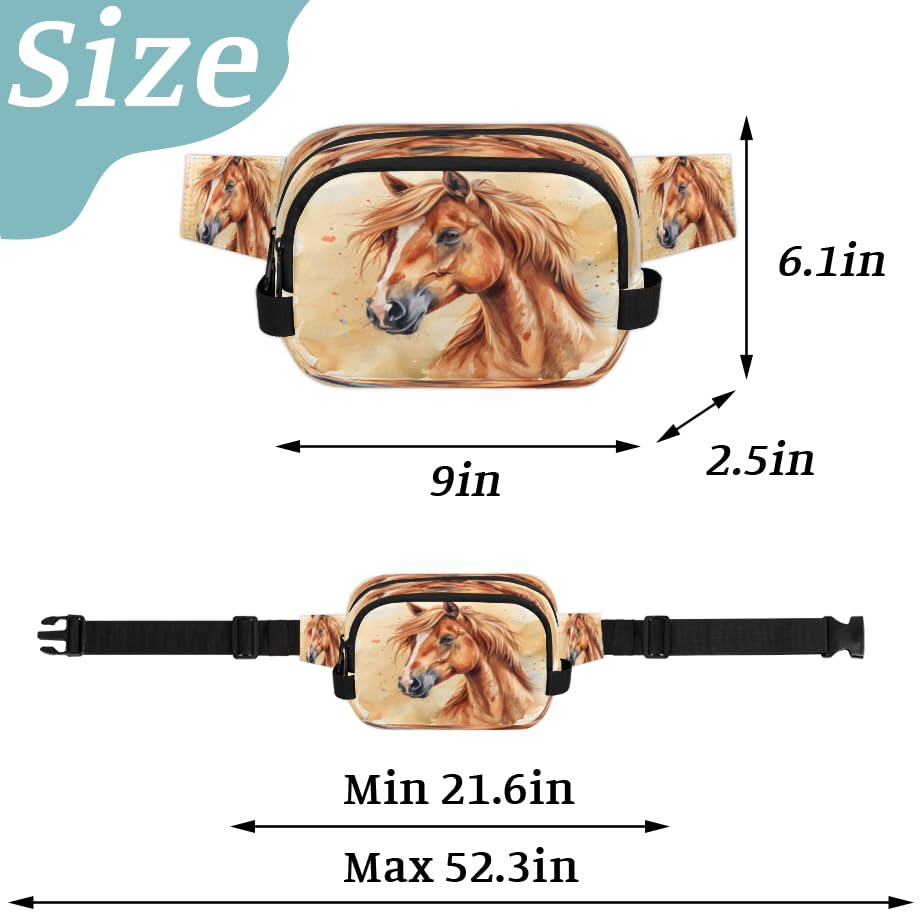 Watercolour Horse Waterproof Fanny Pack for Women Men Adjustable Waist Bag with Double Zipper Pockets Lightweight Square Hip Pack for Running Travel Hiking Workout Cycling