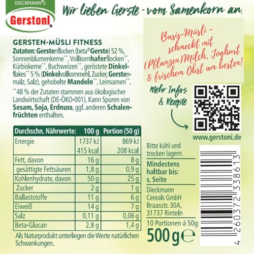 Gerstoni Gersten-Müsli Fitness (6x500g) - Zuckerarmes Basis-Müsli - pflanzl. Eiweißquelle, ballaststoffreich mit Gersten-Beta-Glucan für gesundes Frühstück - natürlich, nachhaltig & cholesterinarm