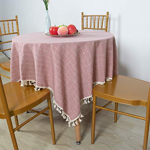 Tassel Tablecloth 55\"x55\" Square Tablecloth Blush Embroidery Checkered Tassel Tablecloth Cotton Linen Wrinkle Free Table Cloth for Kitchen Table Cover for Indoor and Outdoor Decor (55\"x55\", Blush)