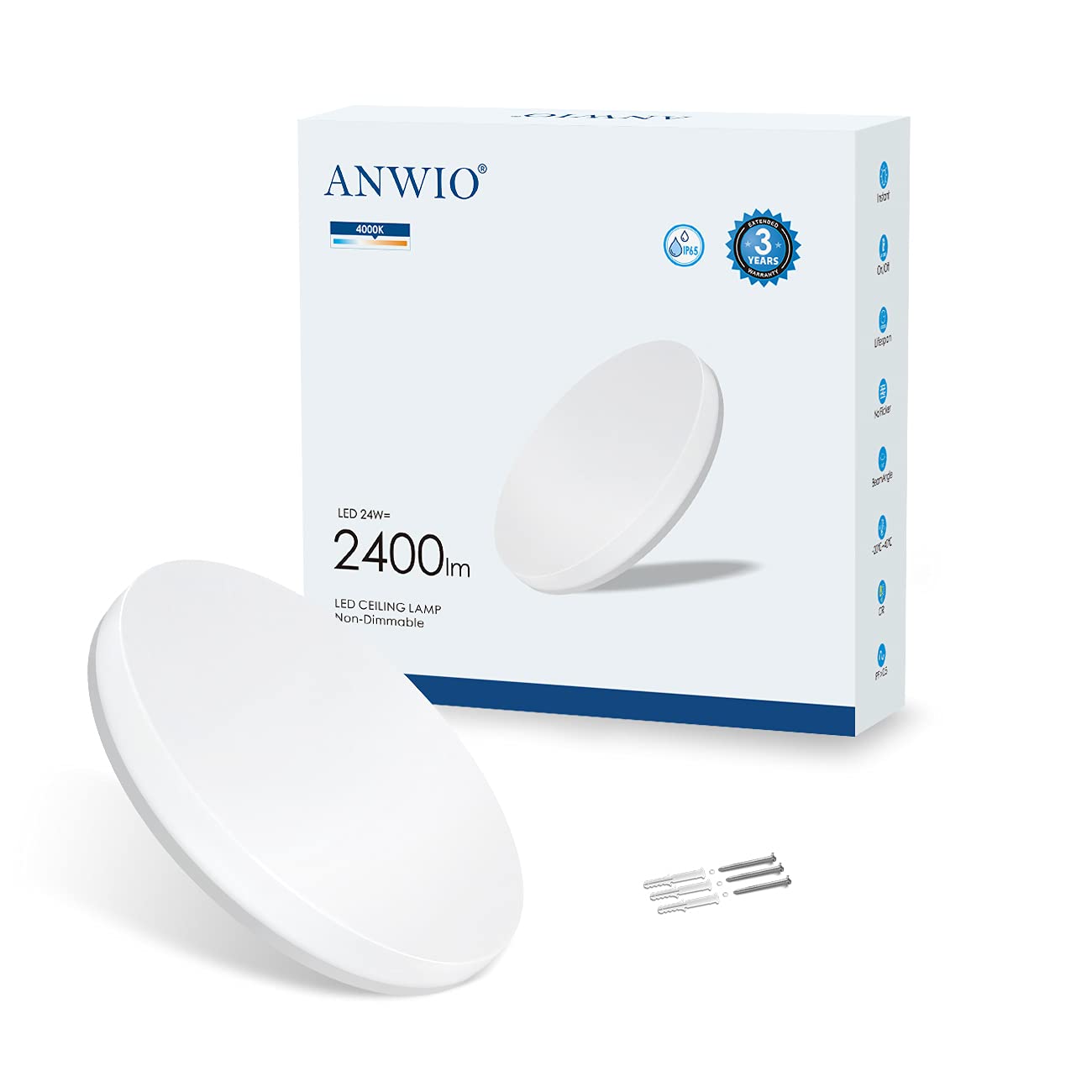 ANWIO Plafoniera LED Impermeabile Rotonda 24W 2400LM Luce Bianca Naturale 4000K Lampada LED Soffitto IP65 Resistente Ad Acqua e Polvere Adatta Per Bagno Cucina Gazebo Balcone Dimensione φ330*50mm