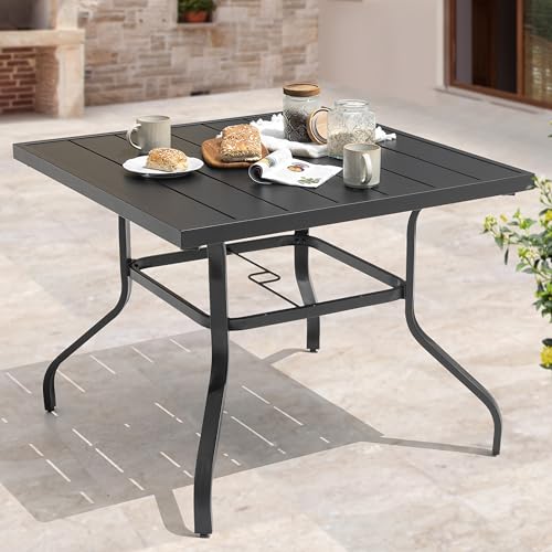 NUU GARDEN 37" Outdoor Patio Table, 4 Person Steel Slat Square Dining Table with 1.57" Umbrella Hole, Slatted Top and Powder Coated Iron Frame for Patio, Garden and Balcony, Black