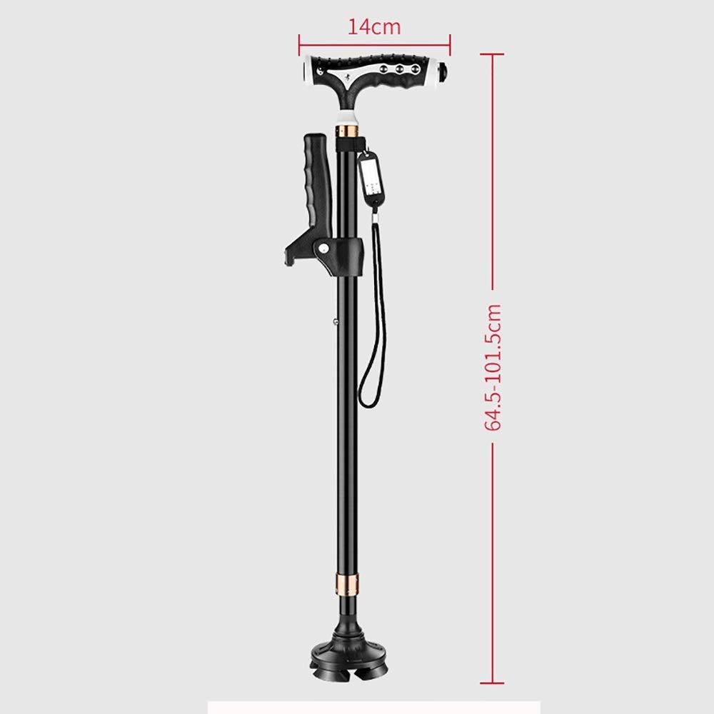 Bastón cuádruple, bastones para caminar con luces LED Altura ajustable Bastón multifunción de cuatro patas Muleta telescópica antideslizante resistente al desgaste Mango ergonómico Apto para ancianos