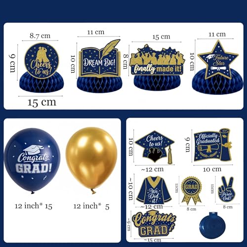 Image of Graduation Decorations 2026 - Navy Blue and Gold Party Supplies Kit & with Banner, Grad Balloons, Table Centerpieces & Hanging Swirls for Class of 2026 Graduate Prom Decorations