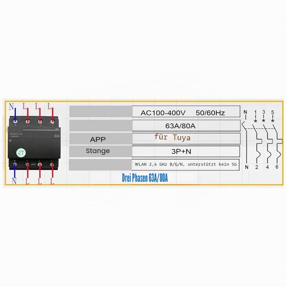 Zoegneer 2,4 GHz WiFi Smart Relais-Schalter, Fernbedienung, 4P 3-Phasen-Schutzschalter, digitale App-Steuerung, automatische Stromversorgungsmonitor, WLAN-Leitungsschutzschalter (4P-63A)