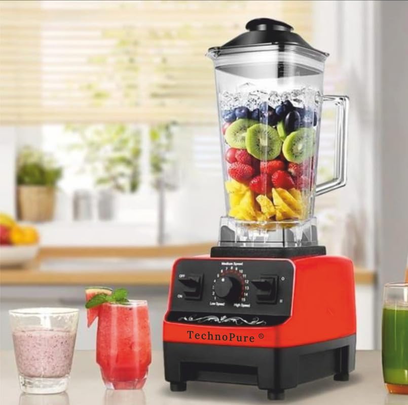 Image of TechnoPure Professional /Commercial High Speed 25000 RPM Multifunctional, Bar Blender, Mixer Grinder, 2000W, 100% Copper Motor, Heavy Duty Mixer Blender with 2 Ltr BPA Free Unbreakable Jar (Orange)