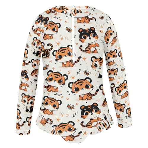 Cute Cartoon Tiger Illustration Girls Long Sleeve Swimsuit Rash Guard One Piece Bathing Suits Zipper 3-12T2