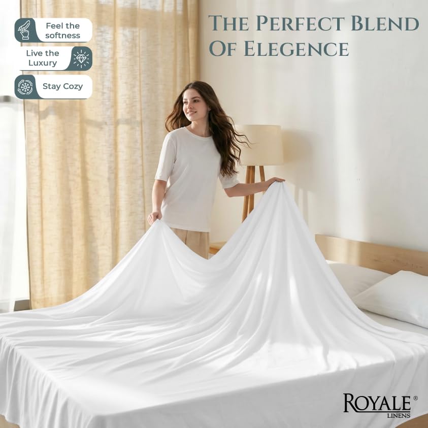 Image of Royale Linen 400 Thread Count 100% Cotton Flat Sheets Only - Cooling Sheets - Queen Top Sheet Sold Separately - Luxury Sateen Weave - Breathable & Super Soft White Flat Sheet Only (Queen, White)