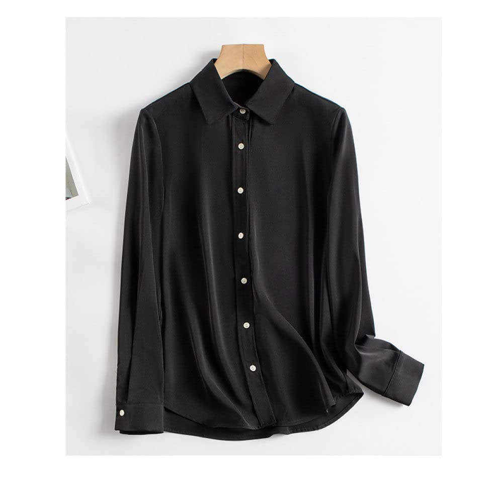 Camicia Da Donna Elegante,Elegante Camicetta In Raso Da Donna, Camicia A Maniche Lunghe, Camicia A Tunica Nera Con Bottoni Sul Risvolto, Camicia Lucida Comfort, Top Da Festa Casual, Camicetta Da Uff