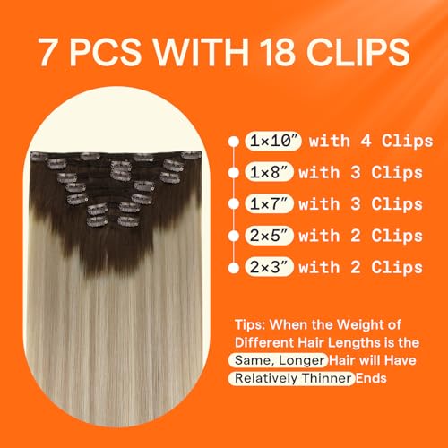 Image of Full Shine Clip in Hair Extensions 16 Inch Ombre Dark Brown to Ash Blonde Mix Platinum Blonde Natural Clip in Human Hair Extensions 120g
