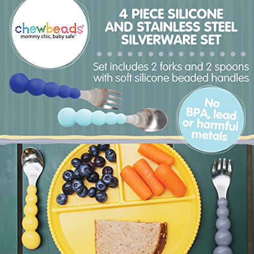 Chewbeads - Toddler Utensils Set - 4 Piece Baby, Kid Or Toddler Silverware Set - Toddler Forks And Spoons Flatware - 100% Safe, Bpa Free & Phthalate Free (Blue/Grey) #TOP1