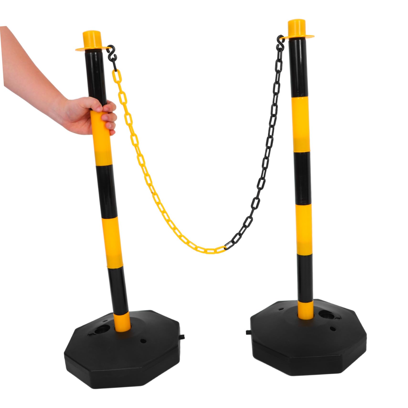 Cabilock Poste de Seguridad Vial Rellenable con Base Desmontable y Portátil para Control de Accesos Estacionamientos y Gestión de Instalaciones Postes Negros y Amarillos Cadenas Ganchos de