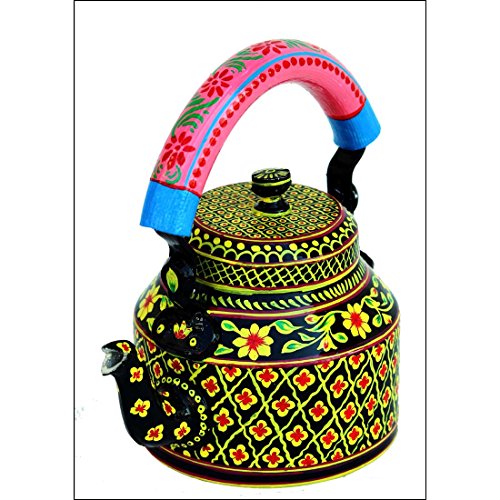 Image of iHandikart Handpainted Designer Aluminium Tea Kettle, 1 Litre - Vibrant Indian Art Tableware, Decorative & Functional 8x5.5x8 Inch (5068)