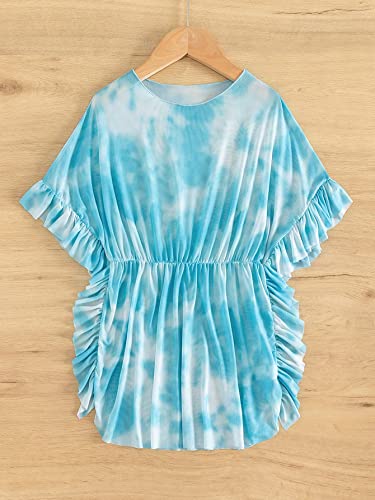 Image of Milumia Girl's Tie Dye Mesh Sheer Ruffle Coverups Beach Swimsuit Cover Up Ruffle Trim Blue 10 Years