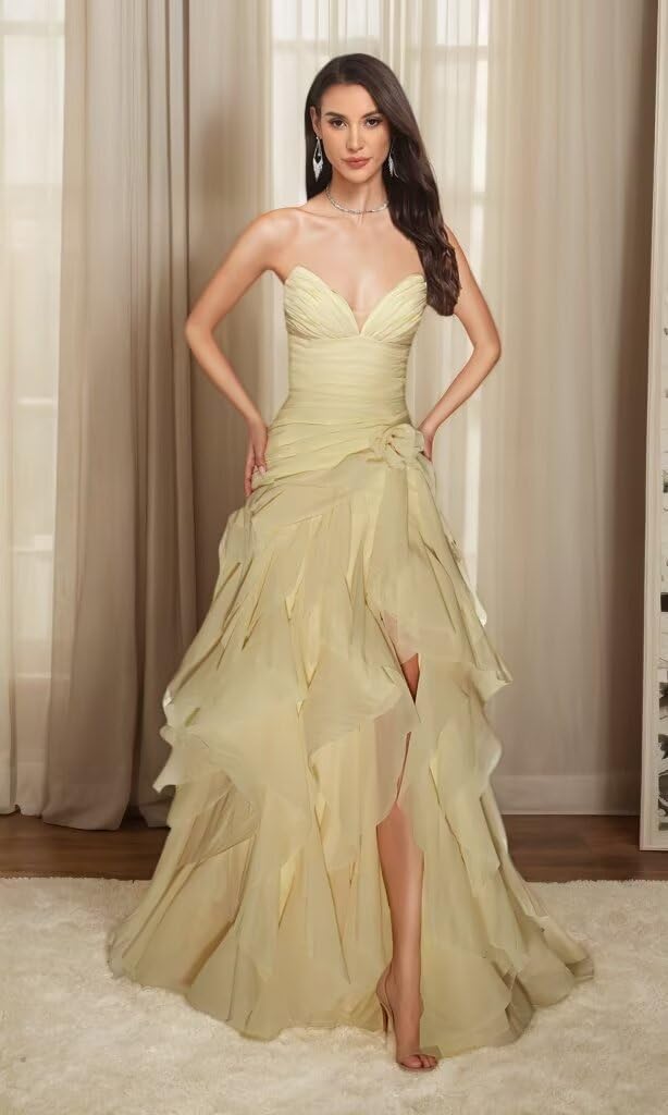 Strapless Prom Dresses 2026 Long Tiered Ruffle Tulle A Line Sweetheart Neck Formal Evening Ball Gowns with Slit - Image 3