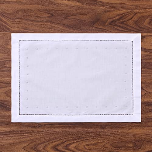 Minghing Linen Placemats, 13 X 19 Inch White Placemats Set Of 4 Handmade Linen Hemstitch Placemats With Embroidered Blue Dot For Dining Table Mother Day Wedding Party #TOP2