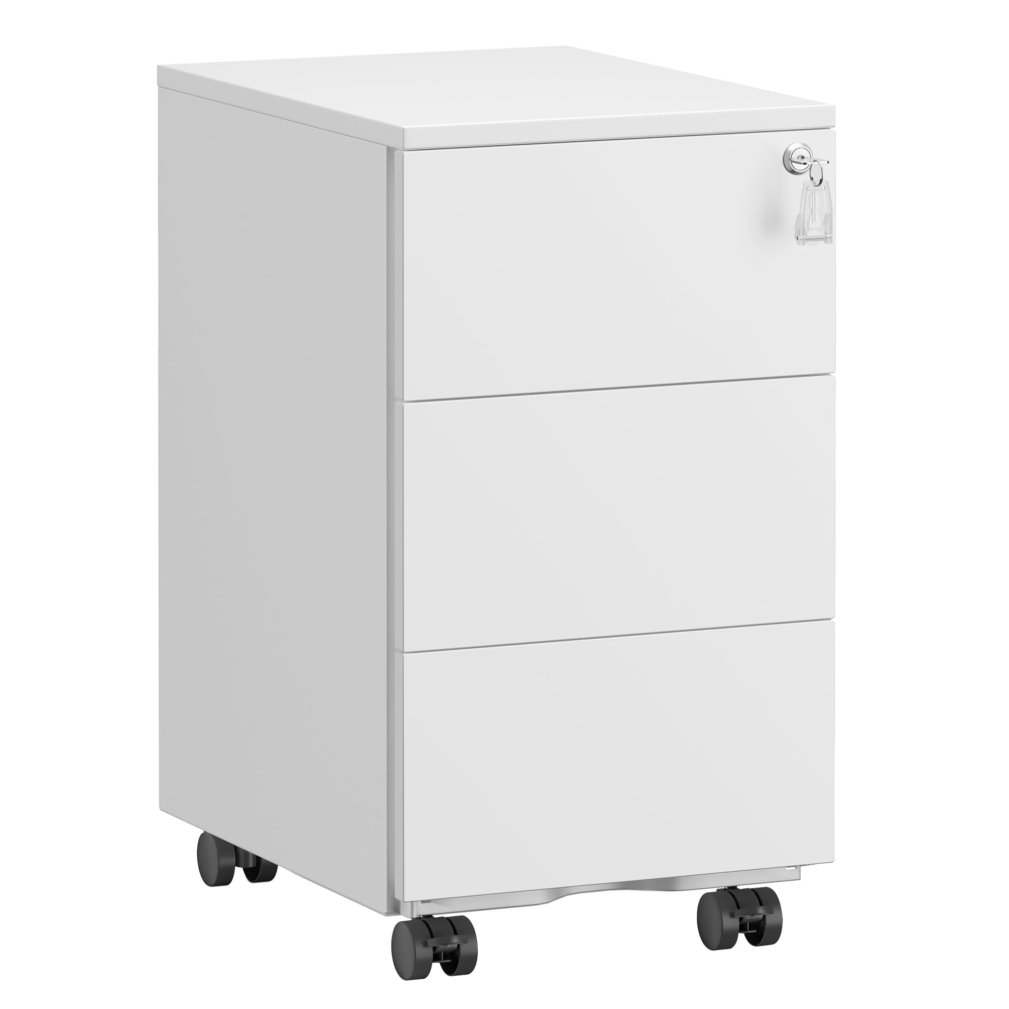 SONGMICS Schubladenschrank, Rollcontainer, mobiler Aktenschrank, Metallschrank, Druckertisch, abschließbar, 3 Schubladen, vormontiert, Büro, Homeoffice, 40 x 30 x 54 cm, mattweiß OFC079W01