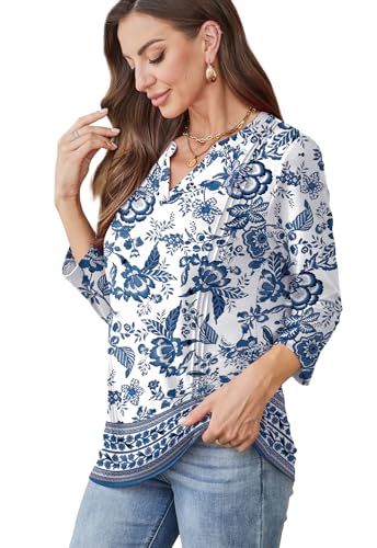 WIHOLL Womens Tops 3/4 Length Sleeve V Neck Shirts Dressy Casual Pleated Blouses Fall Vacation Fashion Trendy Clothes4