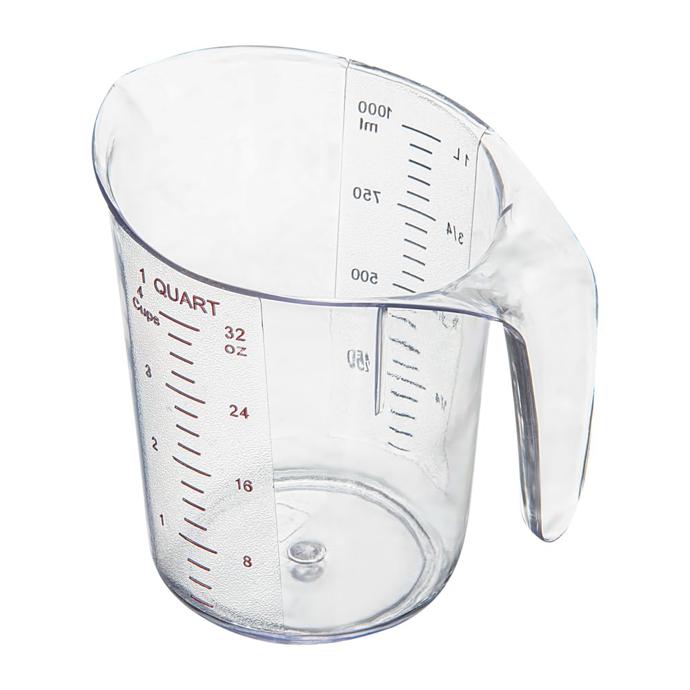 Restaurantware RW Base - Tarro medidor de 1 cuarto de galón, 1 vaso de medición duradero, unidades métricas e imperiales, boquilla en forma de V, mango de taza medidora de plástico transparente con