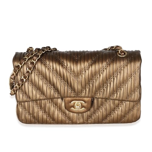 Pre-Loved 18C Bronze Chevron Pleated Calfskin Medium Classic Double Flap Bag, Brown