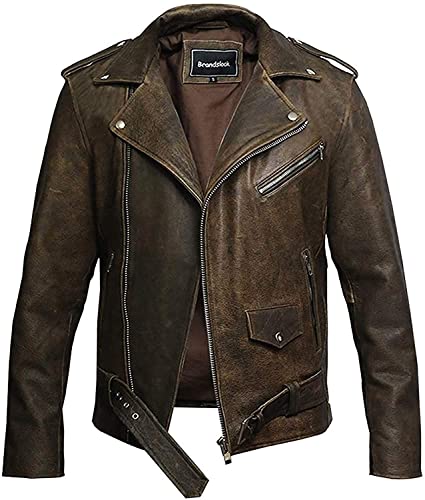 BRANDSLOCK Mens Genuine Leather Biker Jacket Cowhide Brando Rustic2