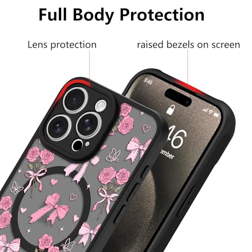 Image of KANGHAR Case for iPhone 15 Pro Bows Bouquet Pattern | [Compatible with Magsafe] Cute Flowers Florals Protective Magnetic Case for Girls Women Men