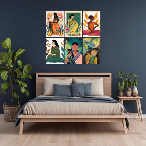 Image of SiddArtify - Indian Women Art Prints - Eclectic Bohemian Illustrations Wall Decor - 300GSM - 12x18 Inch - Pack of 6 Wall Decoration art Poster Prints