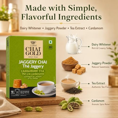 Té chai instantáneo con jaggery en polvo, pack de 10 miniatura 3