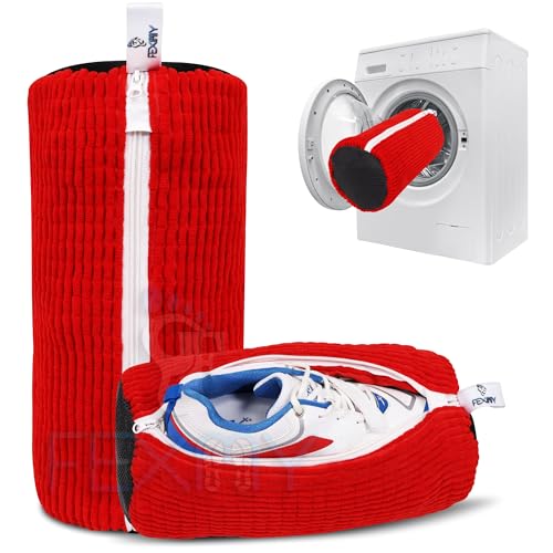 Image of Shoe Washing Bag - Invisible Zipper, Side Opening Laundry for Washer & Dryer - Reusable Sneaker Cleaning - Fits All Shoe Sizes (Red)