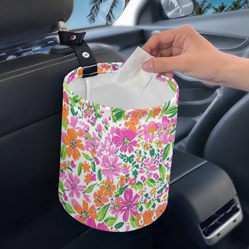 Image of Colorful Floral Car Garbage Can Mini Car Trash Bin Hanging Headrest with Adjustable Buttons Multipurpose Car Organizer AutoAccessories