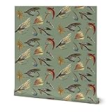 Peel & Stick Wallpaper 12ft x 2ft - Fly Fishing Lures Man Cave Outdoors Men Olive Green Neutral Vintage Hand Recreation Red Custom Removable Wallpaper by Spoonflower