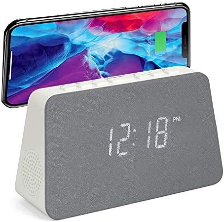 Grouptronics GTQ-RENEW Wireless Charging Alarm Clock Radio - Dimmable Display, USB Charging, FM Radio, Dual Alarms, No Tick Alarm Clock Bedside - White with Grey Cloth screen