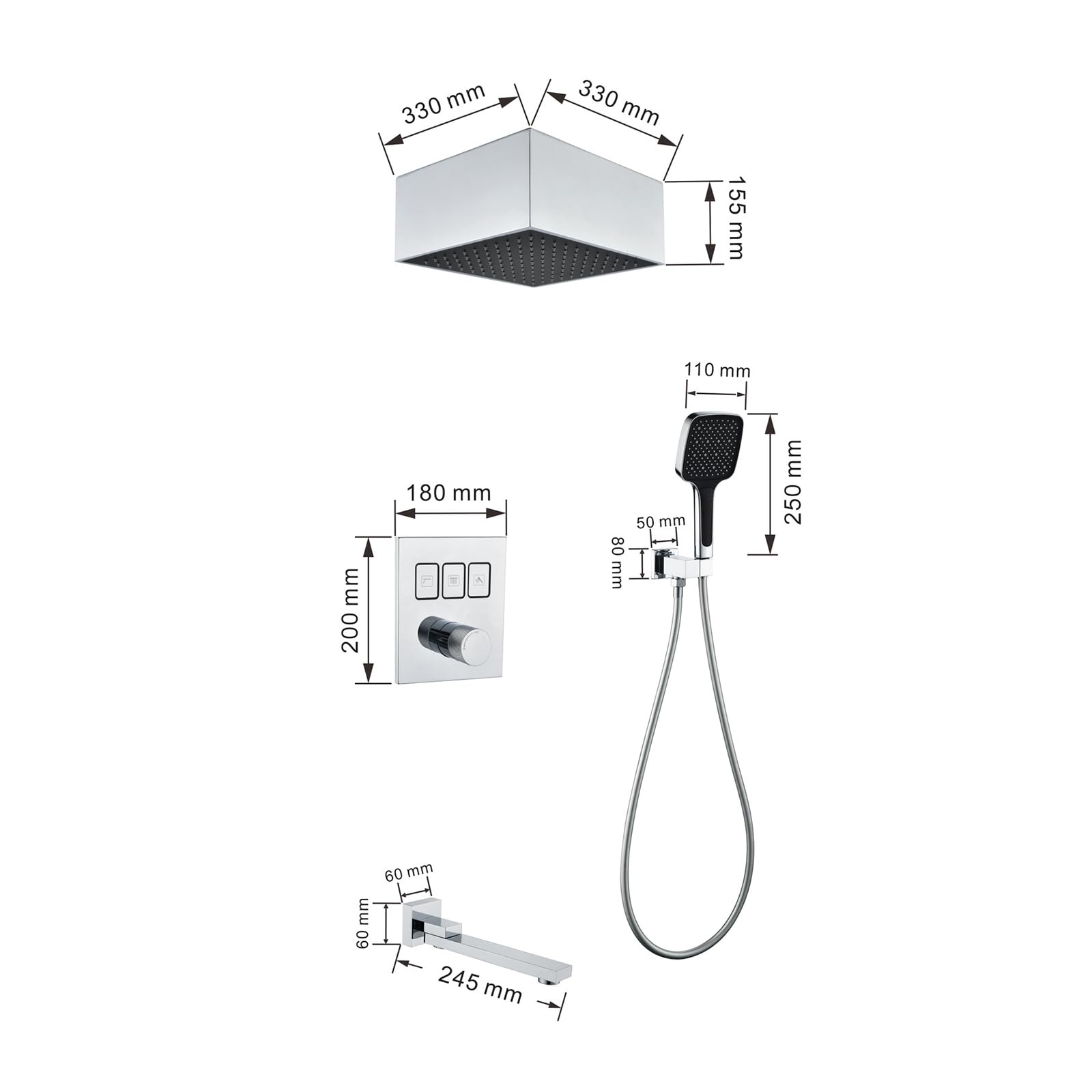 XJTNLB Miscelatore Doccia Incasso con Tasti, Soffione Doccia Led e Doccetta 3 Modalità,Nero