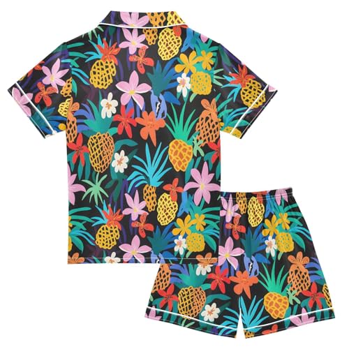 ALAZA Pineapple Blossom Leaf Flower Satin Pajamas Set Short Sleeve Button Down Sleepwear Summer Pjs 2 Piece2