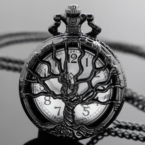 Image of Tiong Pocket Watch Hollow Tree of Life Design Roman Numerals Engraved Bible Verse Quartz Pocket Watch with Chain Custom Pocket Watch Birthday Gifts