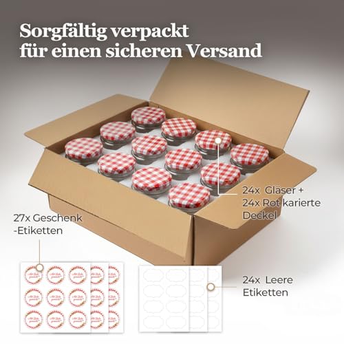 Foto von ComSaf 240ml Marmeladengläser Klein mit Rot-Weiß Kariertem Deckel 24er Set